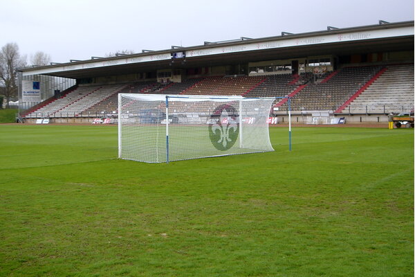 Fußballtornetz mit Vereinslogo auf der Rückseite des Netzes bedruckt